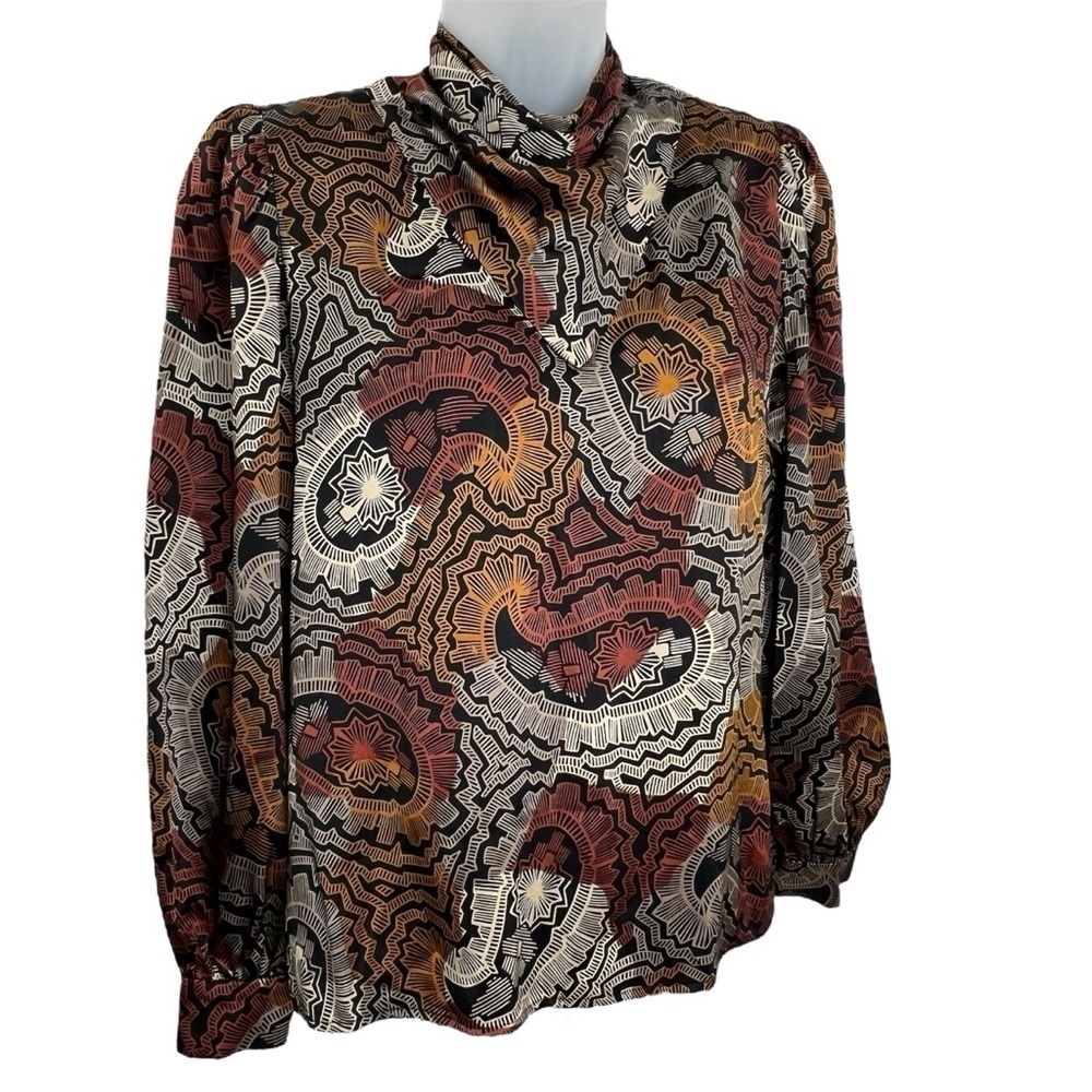 Vintage 70’s Helga Silk Top Woman Sz 8 Long Sleeve Draped Neck, Padded Shoulder